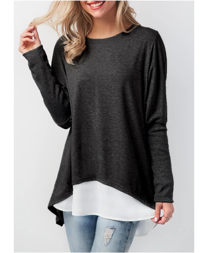 Patchwork Long Sleeve Button Back T Shirt